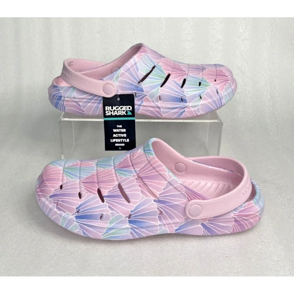 Rugged Shark Eva Shell Print Pink Clogs Slip on Sandals Big Girls Size 6 NEW
